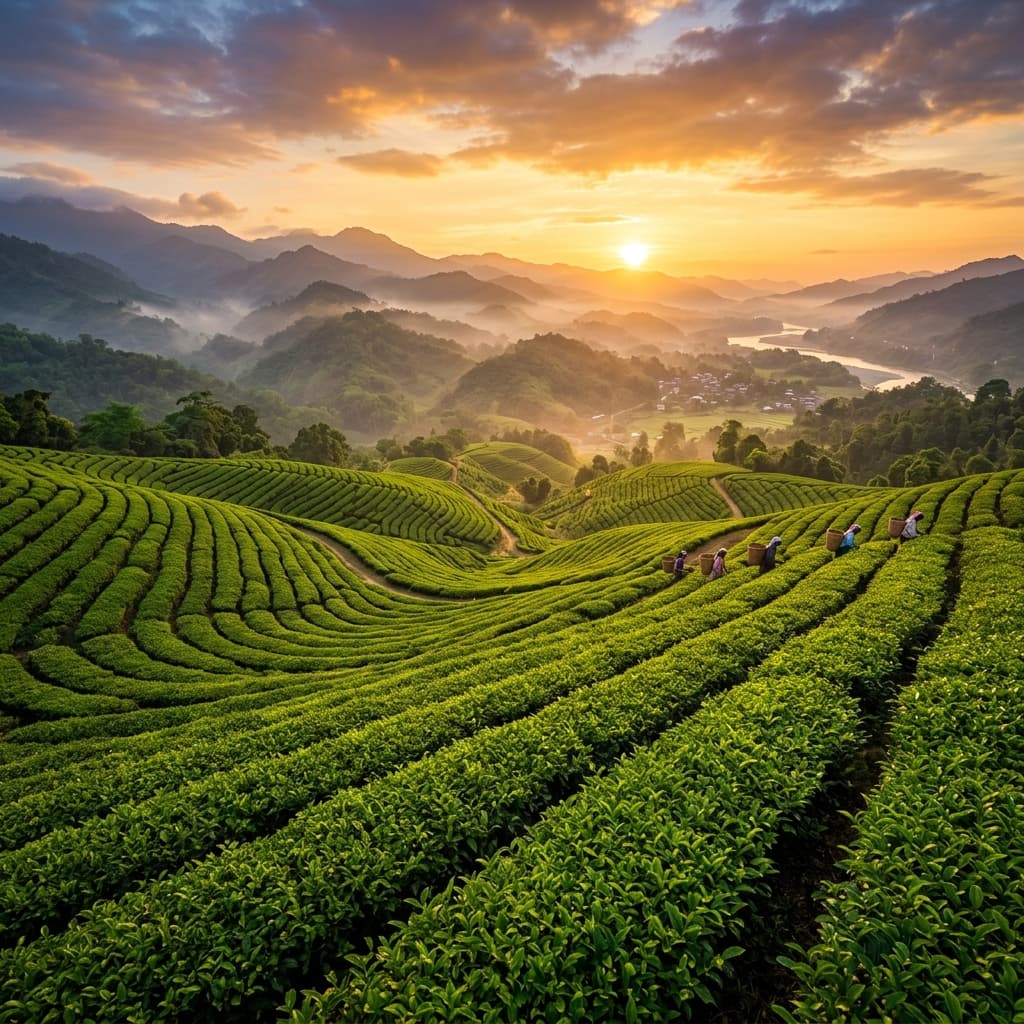 Lush Assam Tea Plantations at Golden Hour